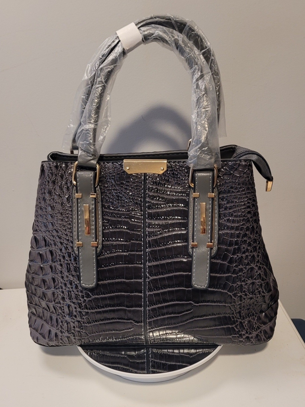 Croc-Embossed Structured Satchel in Dark Gray